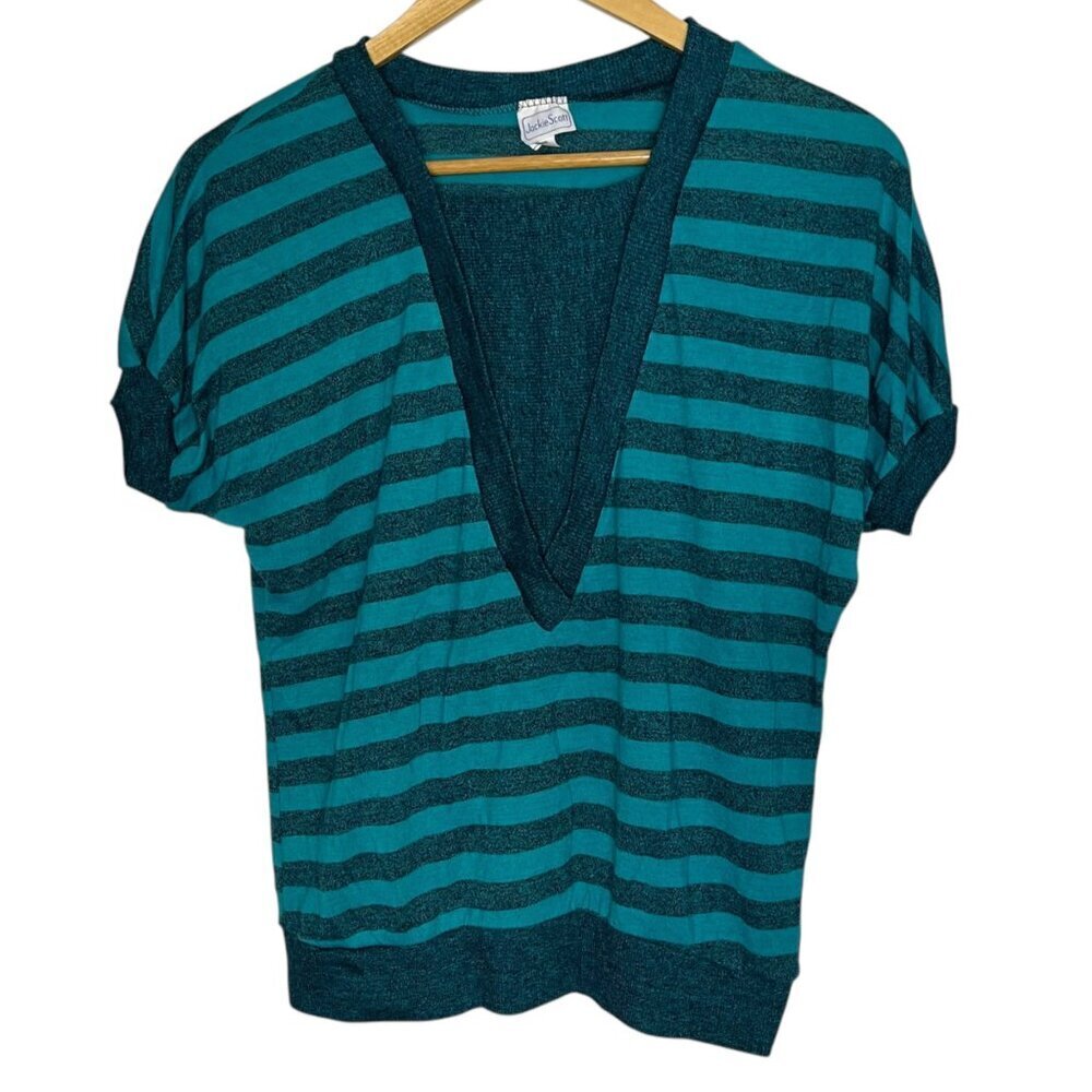 Y2K Jackie Scott Women's M Puff Sleeve Sweater Tee Teal Blue Stripe‎ Plunge Neck